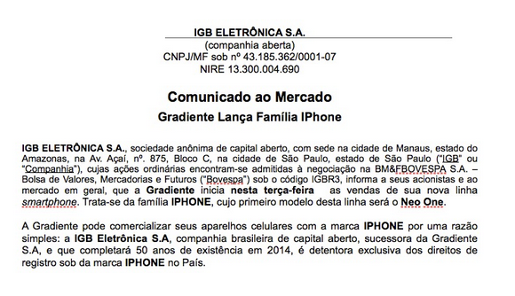 Comunicato Stampa Iphone Brasile
